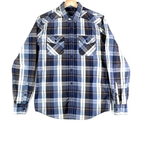 American Rag Mens Shirt Small Button Up Long Sleeves Blue Red Brown Plaid EUC - Picture 2 of 8